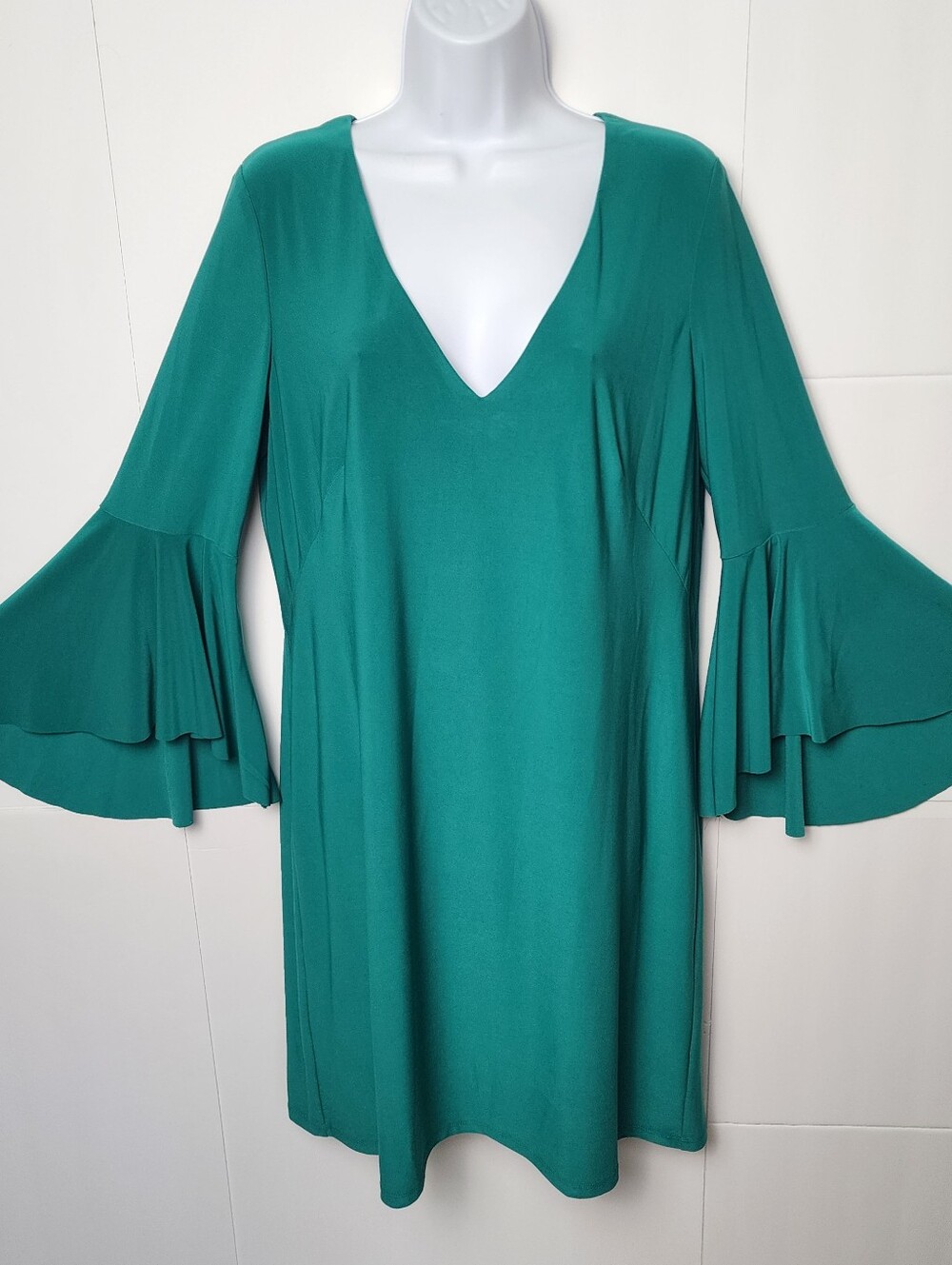 Lauren Ralph Lauren Green Flounce Bell Sleeve Shift Dress Sz 12 Lined Cocktail